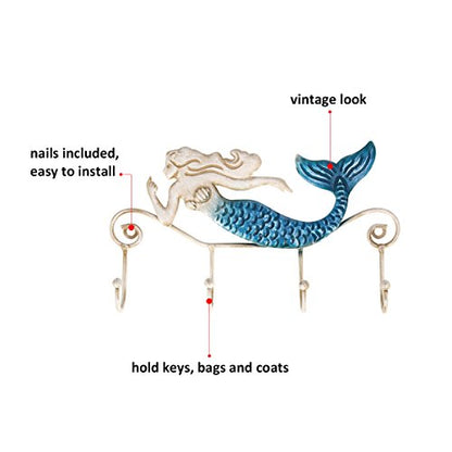 Tooarts Wall Mounted Key Holder Iron Mermaid Wall Decoration 4 Hooks for Coats Towels Bags Wall Mount Clothes Holder Screws Included