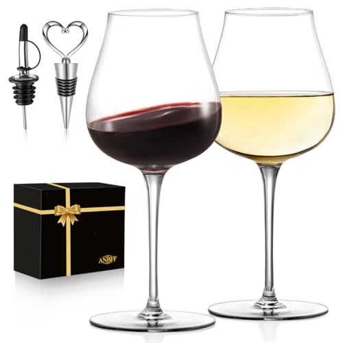 Wine Glasses Set of 2, 17.2 oz Hand Blown Clear Crystal Glass | Long Stem Red/White Wine Glasses with Stopper and Pourers, Unique Gift for Birthday, Wedding, Anniversary