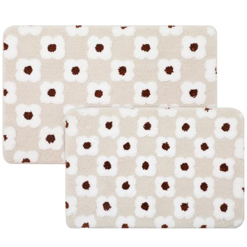 Drydiet 2 Pcs Aesthetic Accent Rug Set for Dorm Decor (16"x24" & 20"x32"), 3D Tufted Soft Microfiber Bedside Rugs, Non-Slip Washable Carpet for Bedroom, Bathroom Decor(Flower,Beige) - color: Beige, style: Flower