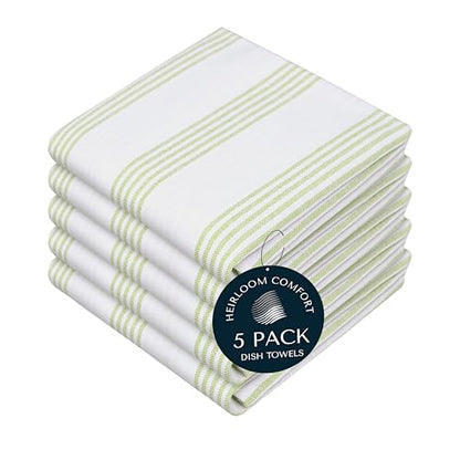 Lemon Green Stripe Kitchen Towels (5 Pack), 100% Cotton, Multi Pin Striped, Super Absorbent & Durable Dish Cloths, Quick Dry Towel Set for Drying Dishes, Everyday Kitchen Cleaning - color: Lemon Green, style: 5 Pack