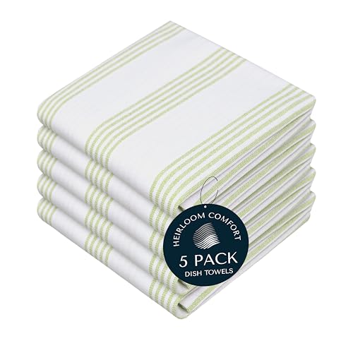 Lemon Green Stripe Kitchen Towels (5 Pack), 100% Cotton, Multi Pin Striped, Super Absorbent & Durable Dish Cloths, Quick Dry Towel Set for Drying Dishes, Everyday Kitchen Cleaning - color: Lemon Green, style: 5 Pack