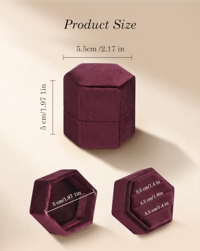 Velvet Jewelry Ring Box, 3 Slots Hexagon Engagement Wedding Ring Holder for Wedding Ceremony Proposal - color: Retro Red