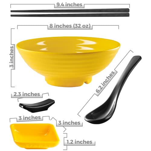 Unbreakable Ramen Bowl Set with Chopsticks and Spoon: 2 large Japanese Style Melamine Ramen Bowls, Dipping Bowls and Chopstick Stands for Asian Pho Soup Thai Miso Udon Wonton (2 Bowl Set, Yellow) - color: Yellow, size: 2 Bowl Set