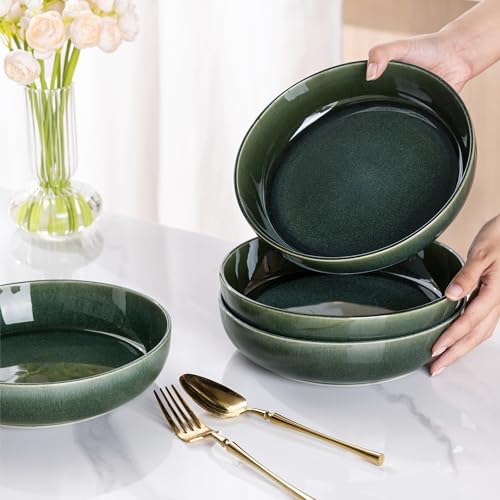 GBhome 8.75'' Large Ceramic Pasta Bowls, 38oz Stoneware Pasta Serving Bowls Set of 4 for Kitchen, Wide Bowls for Fruit,Pasta,Salad,Oatmeal,Meal, Microwave Safe, Reactive Glaze-Earth Green - color: Earth Green