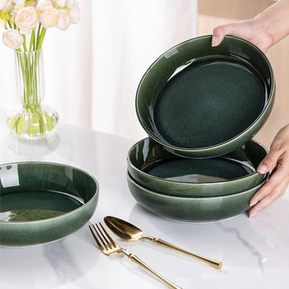 GBhome 8.75'' Large Ceramic Pasta Bowls, 38oz Stoneware Pasta Serving Bowls Set of 4 for Kitchen, Wide Bowls for Fruit,Pasta,Salad,Oatmeal,Meal, Microwave Safe, Reactive Glaze-Earth Green - color: Earth Green