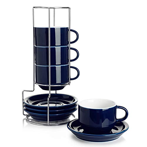Sweese 8 Ounce Porcelain Stackable Cappuccino Cups with Saucers and Metal Stand - for Specialty Coffee Drinks, Cappuccino, Latte, Americano and Tea - Set of 4, Navy - color: Navy, size: 8 Ounces