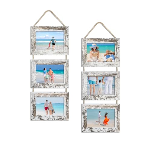 4x6 Collage Picture Frames Set of 2, Rustic Wooden Real Glass Horizontal Hanging 3 Opening 4 by 6 Photo Frame, Distressed White - color: Distressed White, size: Horizontal-4x6 in
