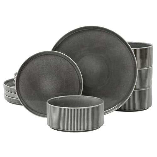 Gibson Elite Solana Coast 12 Piece Stoneware Reactive Glaze (Service for 4) Ceramic Plates and Bowls Modern Shape Embossed Dinnerware Set - Black - color: Black (Solana), size: Service for 4 (12pcs)