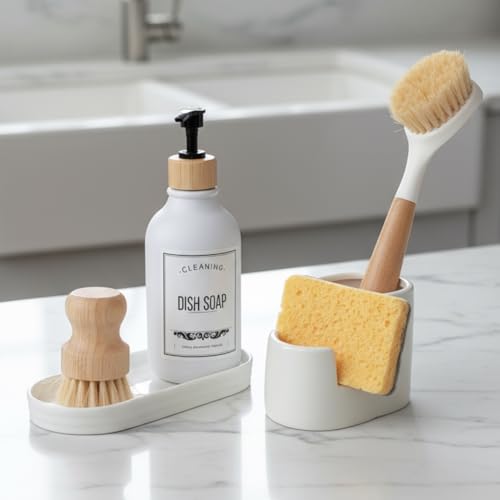 3 in 1 Ceramic Sponge&Brush Holder and Soap Tray Set, Leak-Proof Design to Keep Countertops Dry, Flexible Modular Placement, Modern Minimal Sink Organizer for Kitchen & Bathroom Countertop, White - size: L-Shape-Set