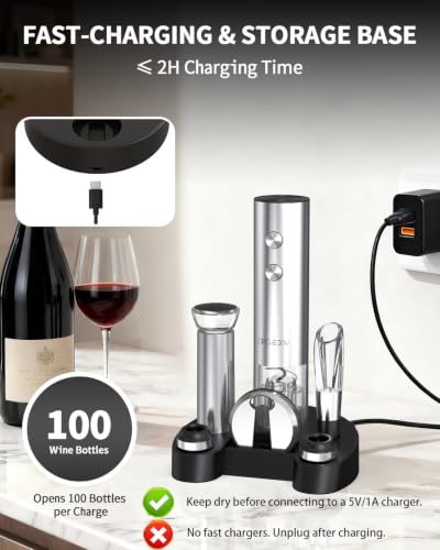 CIRCLE JOY Electric Wine Bottle Opener Set Stainless Steel Rechargeable Wine Opener 8-in-1 Wine Gift Set with Charging base, Foil Cutter, Wine Aerator Pourer, Vacuum Pump & 2 Wine Stoppers, Silver - color: 8-in-1 Silver