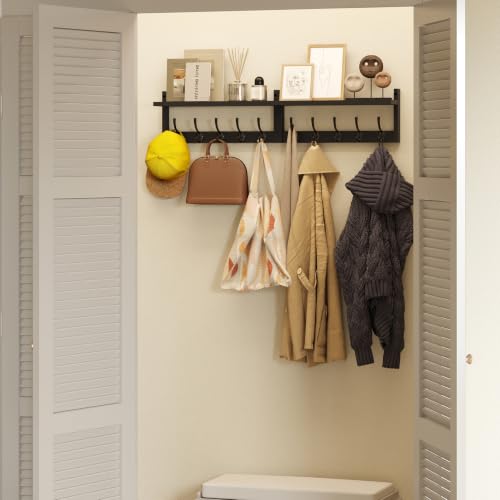 AMBIRD 34.2" Extra Long Wooden Wall Hook Rack with Shelf - Versatile and Decorative Wall-Mounted Storage with 10 Hooks for Coats, Hats, Keys - Ideal for Entryways, Bedrooms, Closets (Stylish Black) - size: 34.2 inch, style: Stylish
