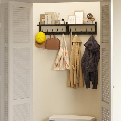 AMBIRD 34.2" Extra Long Wooden Wall Hook Rack with Shelf - Versatile and Decorative Wall-Mounted Storage with 10 Hooks for Coats, Hats, Keys - Ideal for Entryways, Bedrooms, Closets (Stylish Black) - size: 34.2 inch, style: Stylish