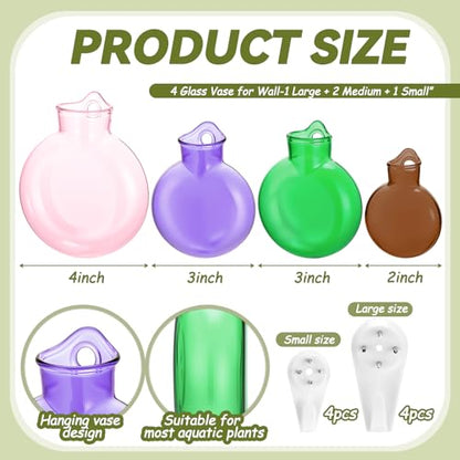 4 Pcs Stained Glass Hanging Vase 2-4 Inch Hanging Glass Plant Propagation Station Small Plant Terrarium Pot Containers with Rope for Hydroponics Planter Garden Home Indoor Outdoor Decor, 4 Sizes