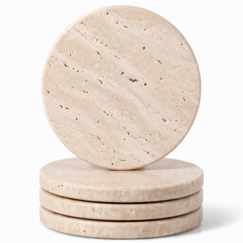Travertine Coasters, Marble Coaster Set of 4 for Drinks, 4" Round Stone Coasters Set Heat Resistant, Decorative Modern Cup Coaster for Coffee Table Home Bar Decor, Unique Gift Choice(Beige) - color: 4 Pcs-travertine