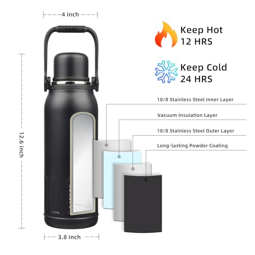 BJPKPK Stainless Steel Insulated Bottle with Handle & Strap, 50oz | Leak-proof vacuum insulation keeps drinks cold/hot for hours. BPA-free, dishwasher safe. Includes handle & strap. Black. - color: Black, size: 50 Ounces