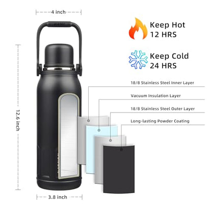 BJPKPK Stainless Steel Insulated Bottle with Handle & Strap, 50oz | Leak-proof vacuum insulation keeps drinks cold/hot for hours. BPA-free, dishwasher safe. Includes handle & strap. Black. - color: Black, size: 50 Ounces