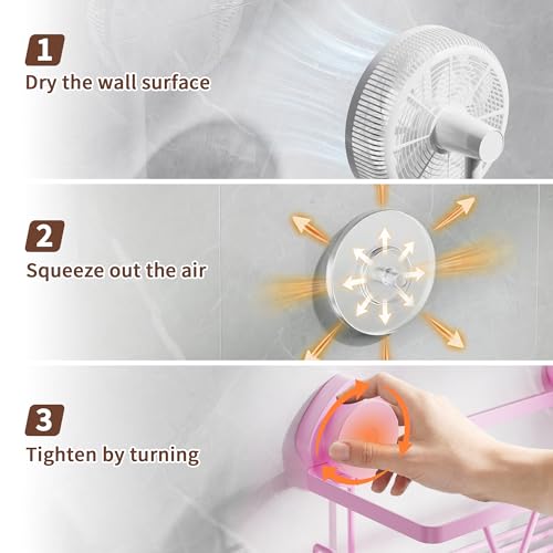 KEGII Suction Cup Shower Caddy 3 Pack, Bathroom Storage Shelf, Pink | Rustproof Stainless Steel Design with Soap Holder and Hooks, Removable No Drill Storage for Shampoo and Bath Accessories