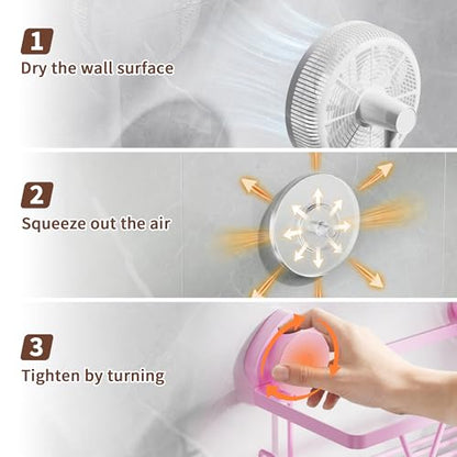 KEGII Suction Cup Shower Caddy 3 Pack, Bathroom Storage Shelf, Pink | Rustproof Stainless Steel Design with Soap Holder and Hooks, Removable No Drill Storage for Shampoo and Bath Accessories