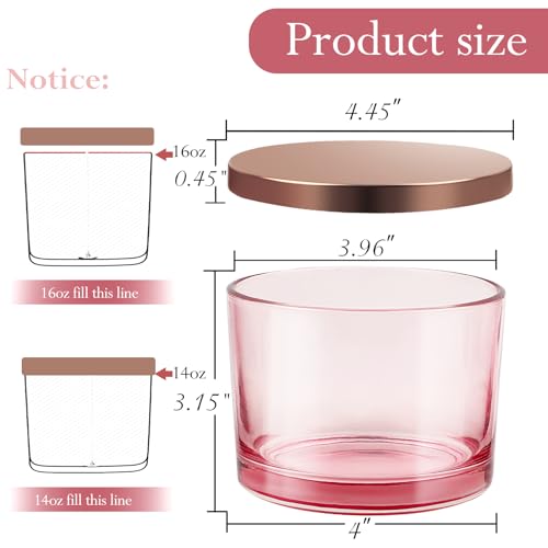 CONNOO 6 Pack 16oz Pink Wide Mouth Glass Candle Jars | Come with Metal Lids Sticky Warning Labels and a Candle Wick Kit for Candle Making- Dishwasher Safe - color: 6 Pack-Shiny Pink