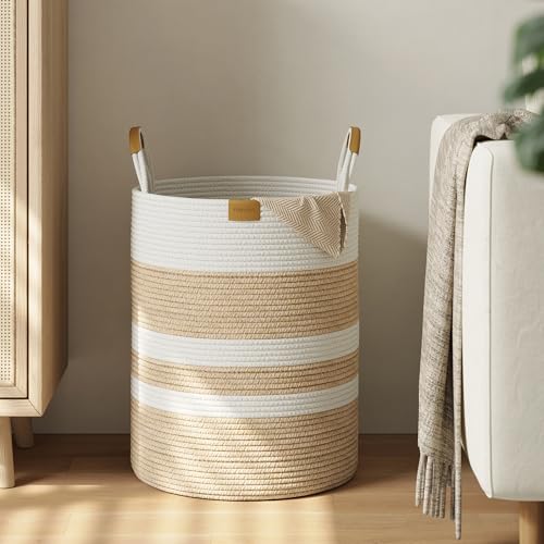 Nunsino 62L Striped Laundry Hamper with Leather Handles,Large Foldable Laundry Basket for Clothes,Cotton Rope Storage Bin for Blankets,Woven Clothes Basket for Bedroom, Beige Stripes - color: Brown&White, size: 62L/16.3Gal