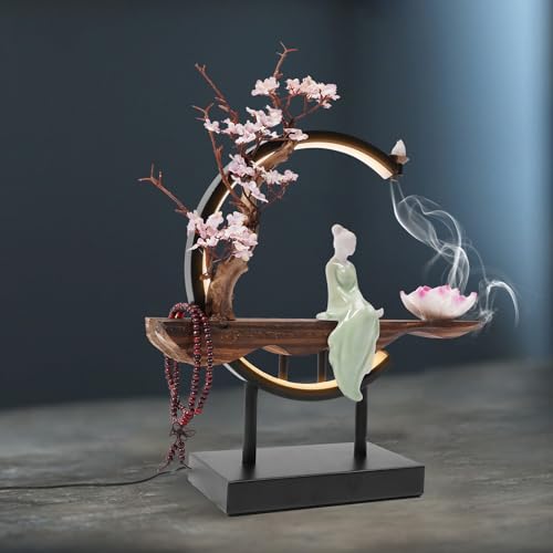Backflow Incense Burner | Lotus Incense Holder Waterfall Smoke Fountain with Handmade Ceramic & Stable Wood Base for Meditation, Yoga, Tea Room & Home Decor | 32x35cm
