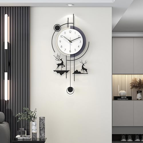 FLEBLE Large Wall Clock Decorative Modern Clocks Silent Battery Operated | Analog Pendulum Non-Ticking Deer Metal Clock Wall for Living Room Kitchen Bedroom Office Classroom Home Decor, 13.8x29.9inch - color: White, size: 13.8*29 in