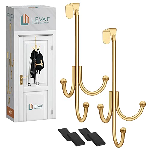 2-Pack Over The Door Hook - with 3 Hang Heads & Snug Fit Pads- 2Pcs Heavy Duty Hooks for Hanging Coats, Towels, Caps & Robes - Elegant Matt Finish - No Drill Hanger Organizer - Gold - color: Gold, size: 3 Heads