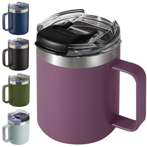 12oz Insulated Travel Coffee Mug with Handle, Plum | Stainless Steel Coffee Tumbler with Lid, Double Wall Vacuum Thermal Cup for Camping - color: Plum, size: 1 Count (Pack of 1)