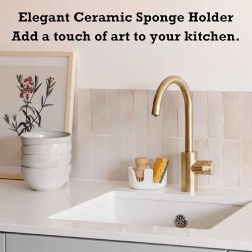Ceramic Sponge Holder, 2-Slot Dish Sponge Holder for Kitchen Sink, Keeps Sponges Dry & Countertop Clean, Rust-Free & Dishwasher Safe, Stylis Design, Modern White - size: Dual