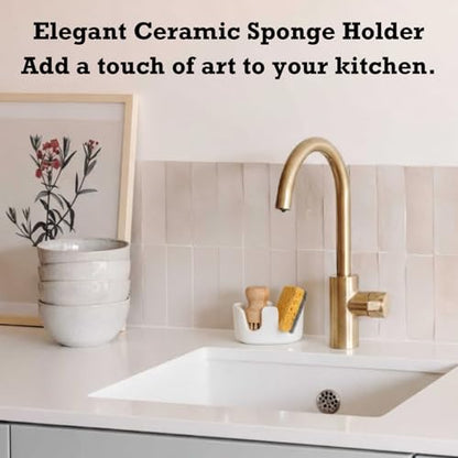 Ceramic Sponge Holder, 2-Slot Dish Sponge Holder for Kitchen Sink, Keeps Sponges Dry & Countertop Clean, Rust-Free & Dishwasher Safe, Stylis Design, Modern White - size: Dual