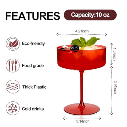 Ciaell 12 Pack Red Plastic Martini Glasses for Bars Parties | 10 oz Red Coupe Cocktail Cups, Heavy Duty Plastic, Cocktails Whiskey Margaritas Wine for Weddings Anniversaries Outdoor - color: Basic Red