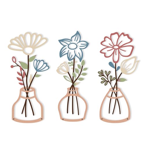 Helucidy 3 Pcs Metal Flowers Wall Arts - Rustic Farmhouse Style Iron Wall Sculptures for Living Room, Bedroom, Bathroom, Garden, Minimalist Boho Floral Wall Decor in Vases, Housewarming Gifts - color: Style C
