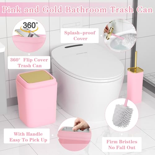 XLHOMO Bathroom Set - Pink Bathroom Sets with Shower Curtain and Rugs, 24PCS Shower Curtain Set with Hooks, Soap Dispenser, Soap Dish, Toilet Brush Holder and Trash Can for Housewarming - color: Pink and Gold, size: Bathroom Set+Shower Curtain+Bath Rugs