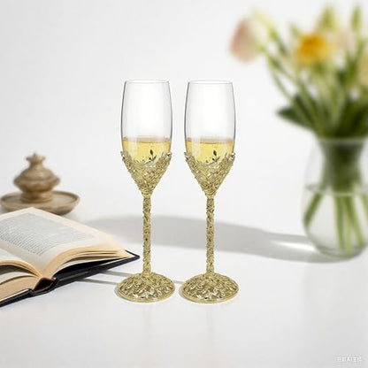 Gold Champagne Flutes -His and Hers,Wedding Toasting Glasses for Wedding,Engagement Celebrations, Bridal Shower and Registry Idea,Wine Glasses for Bride and Groom Gifts,7oz (Light Glod) - color: Light Glod