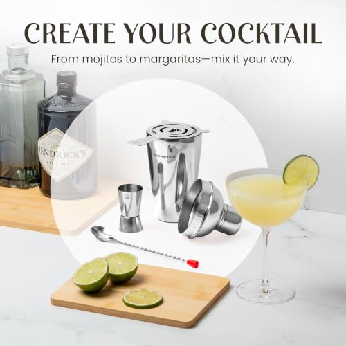 Cocktail Shaker Set - Bartender Kit with Pine Stand | Leak-Proof Design | Includes Martini Shaker, Jigger, Strainer, Spoon, Tongs | Perfect Bar Tools Gift for Home Mixology (Silver) - color: Silver / Light Stand, size: 8 Pieces