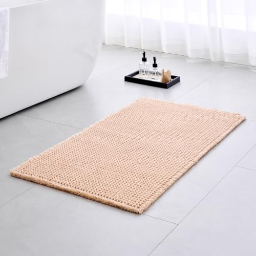 Waffle Bath Mat Non Slip Washable 48x24, Super Absorbent Quick Dry Boho Bathroom Rugs with Tassels, High Density Non Slip Backing, Luxury Carpet for Tub&Shower, Beige - color: Beige, size: 48" X 24" (Bathroom Rug)