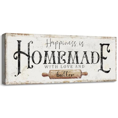 Happiness is Homemade with Love and Butter Sign Funny Kitchen Sign Decor for Counter Pantry Rustic Farmhouse Style Wall Décor Shabby Chic Family Wall Plaque Decoration Housewarming Gift, 12 x 36 Inch - color: AA25-61-homemade, size: 36"L x 12"W