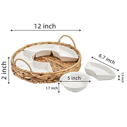AVLA Ceramic Divided Serving Dishes, Porcelain Relish Tray, Party Appetizer Platter, 6 Removable Snack Bowls with Cattail Basket for Chips and Dips, Candy, Nut, Condiment, Veggie, Portable Handle