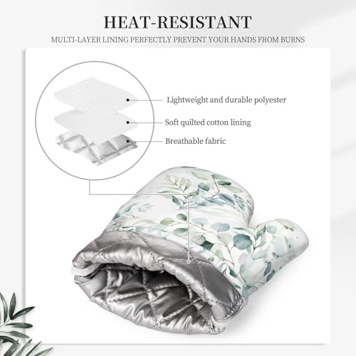 Eucalyptus Leaf Oven Mitts and Pot Holders Sets for Kitchen Silicone Sage Green Botanical Watercolor Plants Oven Gloves Heat Resistant Oven Mitts with 2 Non-Slip Pads Kitchen Gloves for BBQ - color: White Green