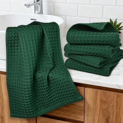 Waffle Hand Towels Set of 5 (Hunter-Green) – Cotton, Quick Dry, Lint Free | 13” x 29”, Bathroom Decor & Kitchen Towels - color: Hunter-green