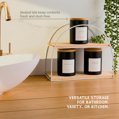Mini Glass Apothecary Jars with Bamboo Lids, Small Bathroom and Kitchen Storage Containers, For Cotton Balls, Pads and Swabs, 10 oz, Set of 3 (Matte Black) - color: Matte Black