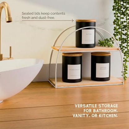 Mini Glass Apothecary Jars with Bamboo Lids, Small Bathroom and Kitchen Storage Containers, For Cotton Balls, Pads and Swabs, 10 oz, Set of 3 (Matte Black) - color: Matte Black