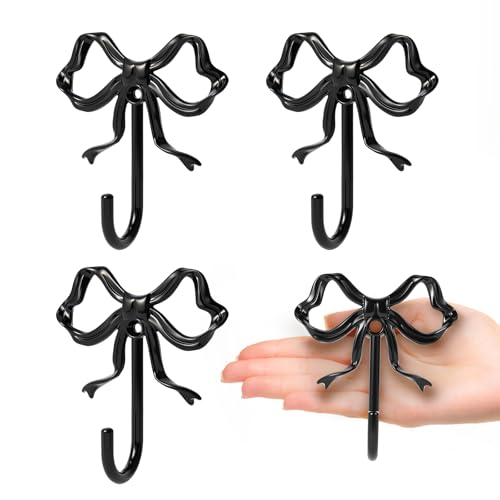 4 PCS Large Size Black Bow Wall Hook, Black Coat Hook, Metal Hooks, Bow Room Decor Hooks for Coats, Coffee Mugs, Hats, Bags, Bath Towels and Room Decorations - color: Black, size: 4Pcs-Large