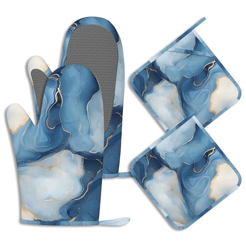 Oven Mitts and Pot Holders Sets Blue Gold Marble Silicone Kitchen Mits Potholders Abstract Heat Resistant 4Pcs Oven Gloves Hot Pads for Baking Cooking BBQ Grilling Home Decor - color: Blue Gold Marble,abstract