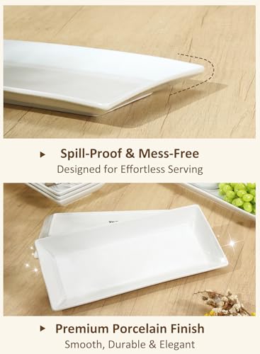 Porcelain Rectangular Dinner Platters, 9.75 Inch Rectangle Serving Plates for Sushi, Snacks, Cake, Meat & Appetizers, Set of 4, Elegant White Design | Durable Ceramic Serving Trays for Snacks, Steak, Sushi, Desserts and Parties, Stackable, Dishwasher/Micr