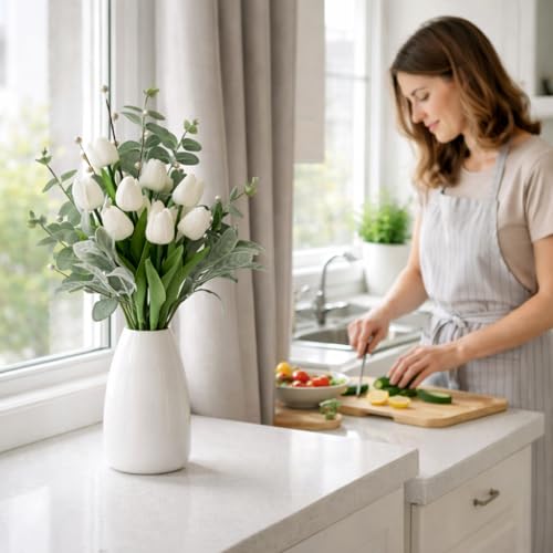 18 Stems White Artificial Tulip Bouquet with Eucalyptus | Real touch petals, pearl berries, bendable stems, elegant centerpiece, dining table decor, no vase - color: White