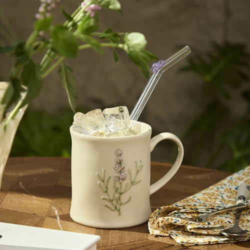 Artisanal Handcrafted Ceramic Mug with Sage Botanical Design - 10oz Off-White Stoneware Coffee Cup, Elegant Purple Sage Pattern, Dishwasher Safe, Comfort Grip Handle for Daily Use - color: Sage-1 Pack