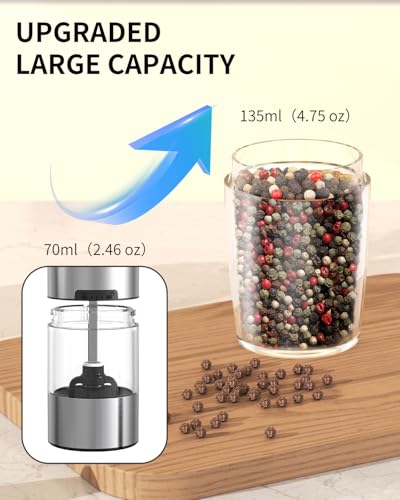 CIRCLE JOY Rechargeable Electric Salt and Pepper Grinder Set Gravity Salt and Pepper Mills Set with LED Light, No Battery Needed, Adjustable Coarseness, Washable 135ml Container, Black - color: Black, size: KYMQ + Rechargeable