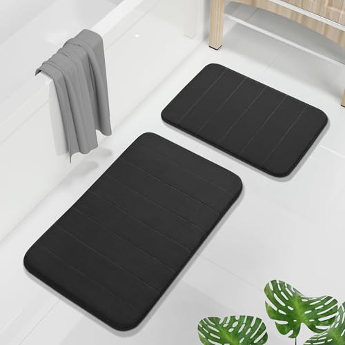 Yimobra Memory Foam Bathroom Rugs Sets 2 Piece - Super Soft Absorbent Quick Dry Bath Mat Set, Machine Washable Non Slip Floor Carpet for Tub Shower & Single Sink (17x24 & 31.5x20 Inch, Black) - color: Black, size: 31.5x20+24x17 Inch
