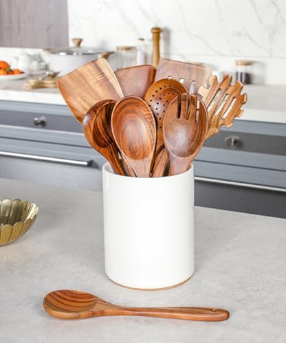 Nucookery Wooden Cooking Utensils Set with Holder, Nonstick Wooden Spoons for Cooking Spatula Set 10 Pcs, Teak Wood Kitchen Utensils Set, Ceramic Utensils Holder for Countertop, White - color: White (wood )